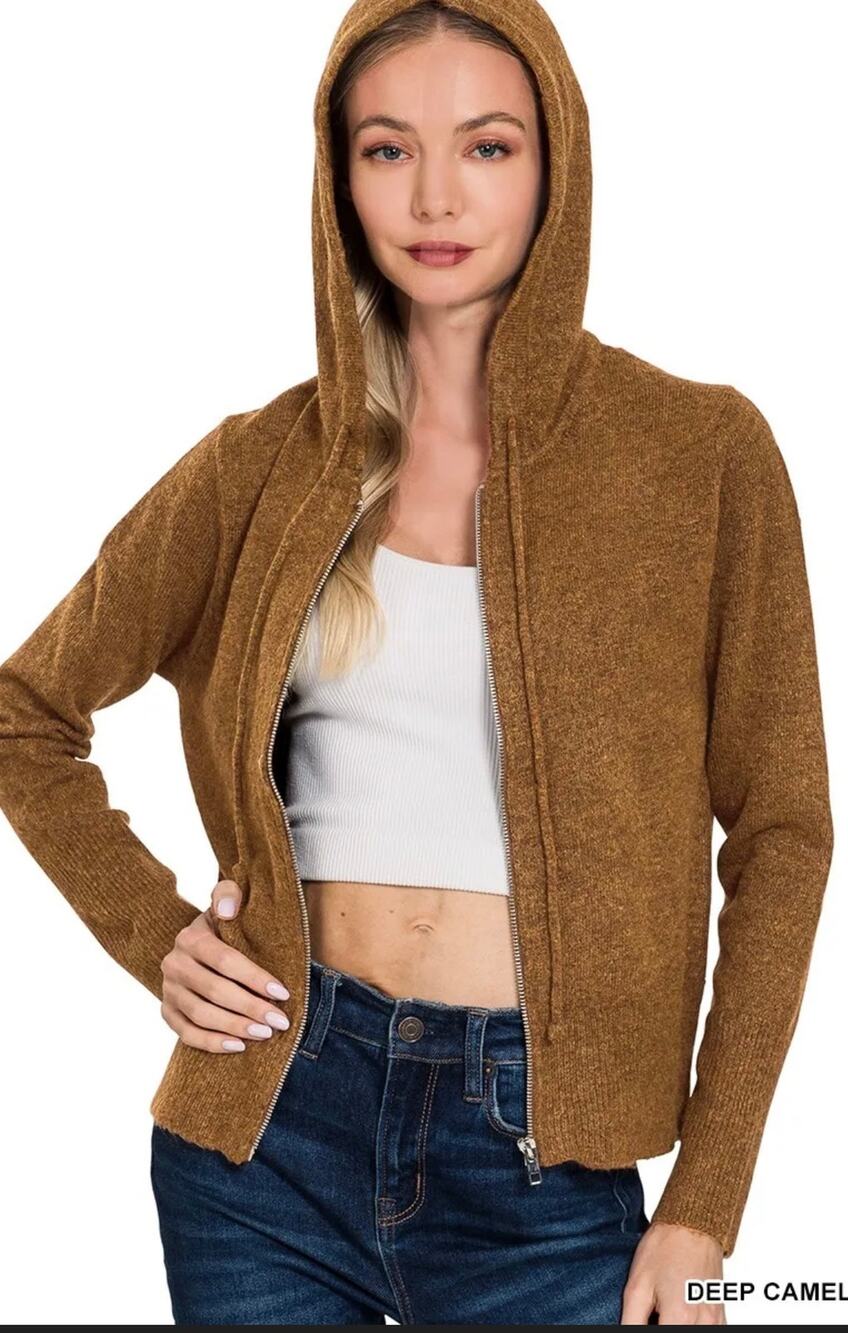 Zenana Drawstring Zip Up Hooded Cardigan Sweater